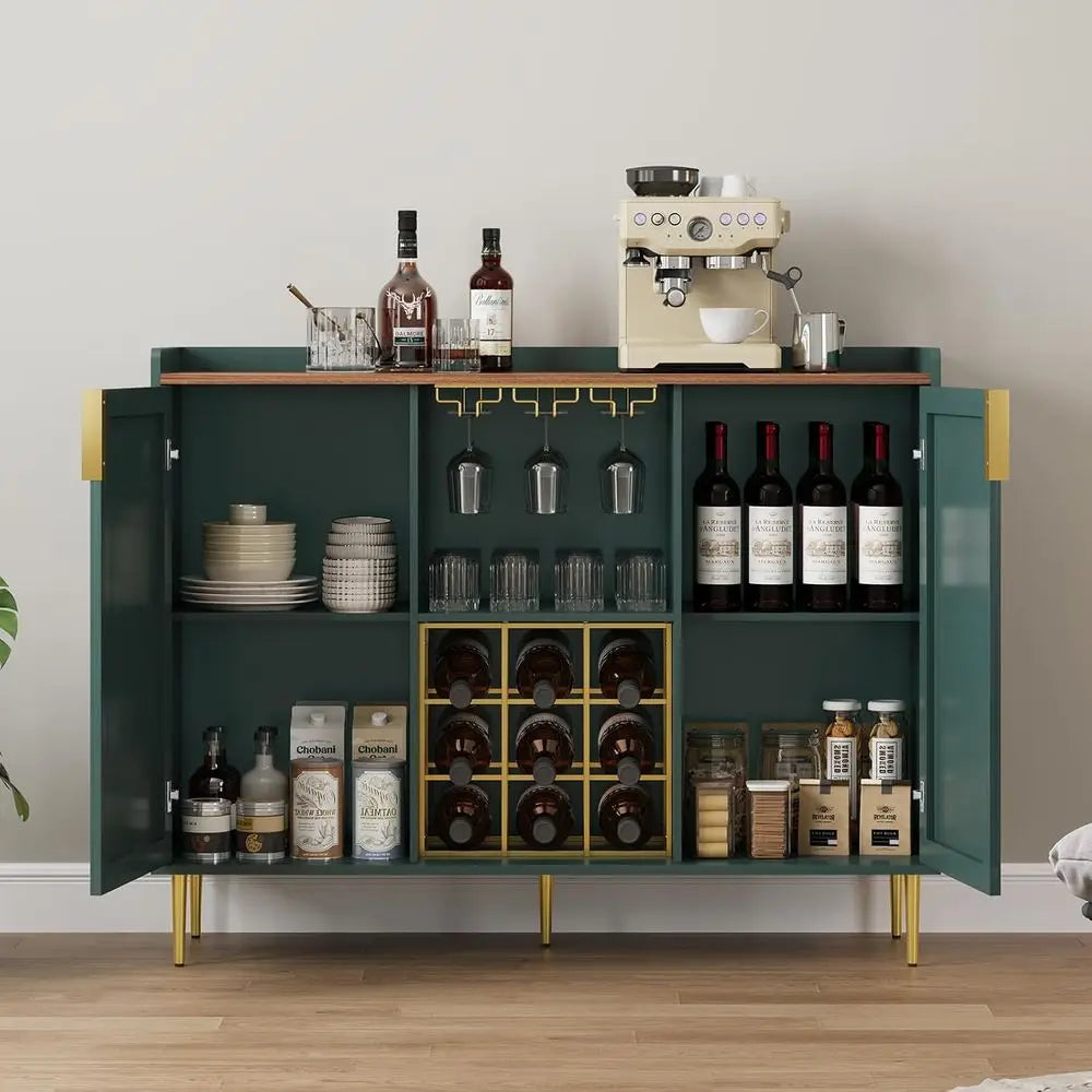 48-inch Wine Bar Cabinet with Textured Finish, Sideboard with Wine Rack and Glass Holder for Kitchen or Living Room, Green