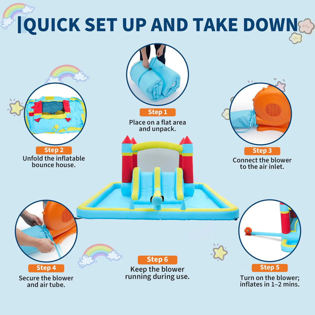 14FT Inflatable Bounce House Jump House For Kids With Slide, 350W Blower, 7-in-1 Indoor Outdoor Water Park Splash Pool
