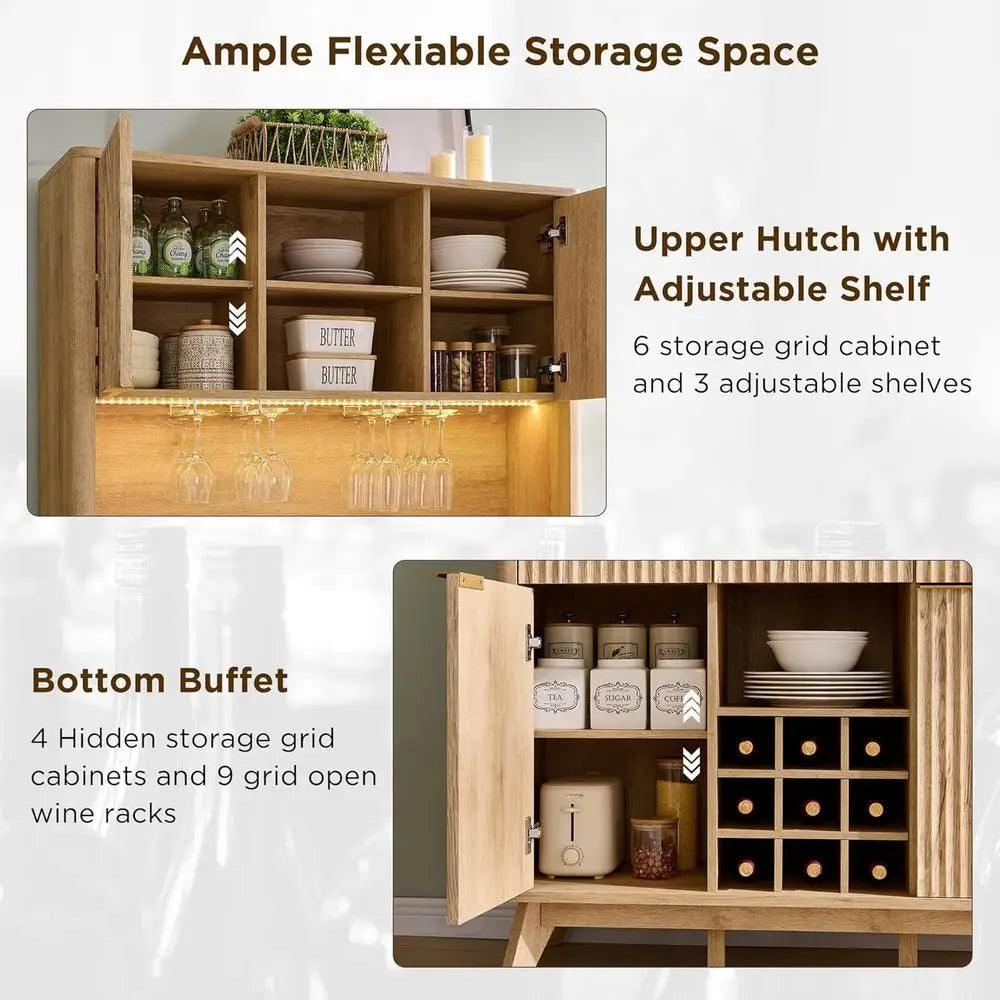 72" Tall luted Coee Bar Cabinet with Ample Storage, ern Buet Sideboard with Glass Holder/Wine Rack/Led Lights/Charging Station,