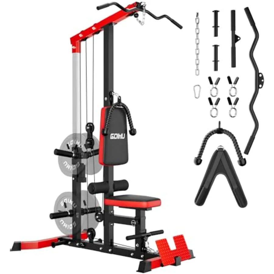 Home gym LAT pulldown machine, steel frame, black, 3-in-1 cable station with AB crunch and row attachments