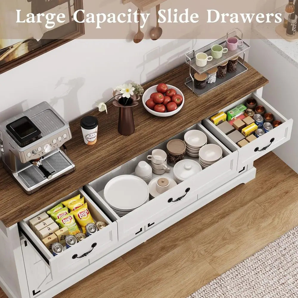 Large 65 Storage Cabinet with 3 Drawers and 4 Doors, White Kitchen Sideboard or Living Room Coffee Bar Wine Cabinet