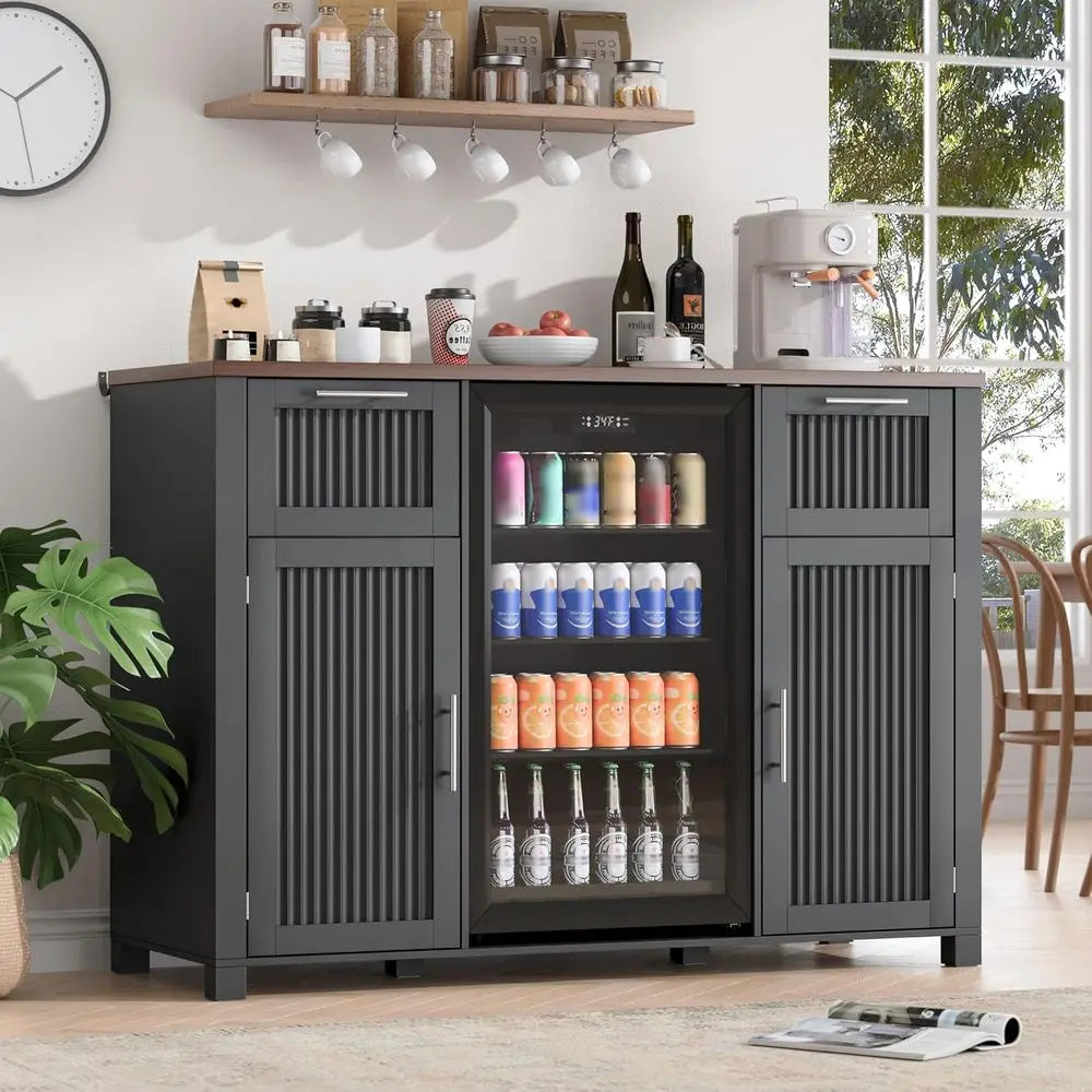Coffee Bar Cabinet with Ridge Space, Mini Ridge Cabinet with Outlet, Wine Liquor Cabinet with Double Drawers, Luted Buffet Sideb