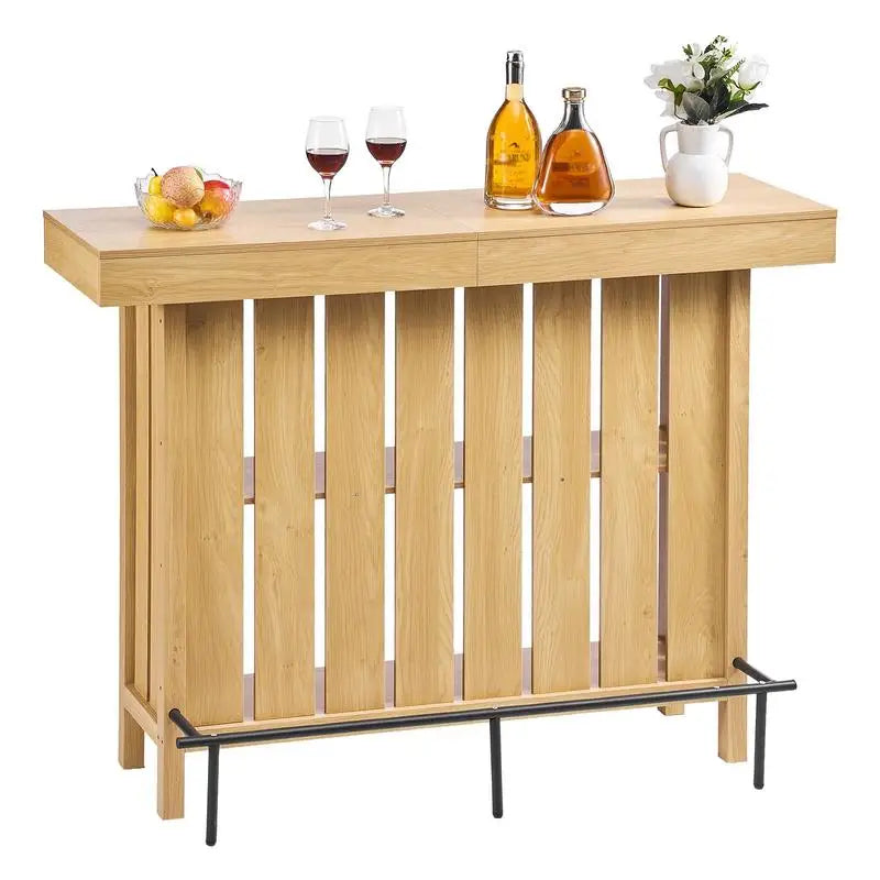 Home Bar Unit, Wine Bar Cabinet Table 3-Tier with Storage Shelves, Opener Storage Box & Adjustable Foot Pads, Black Footrest, Wood & Metal Liquor Cabinet for Home, Basement, Kitchen, Living Room