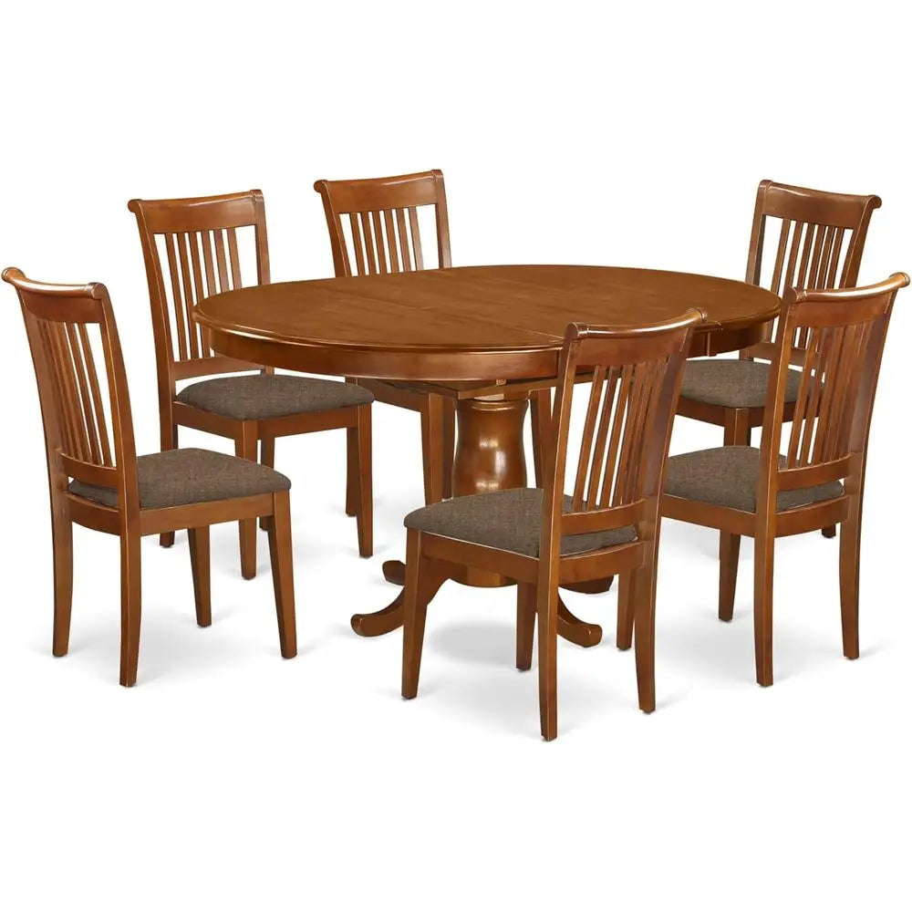 Oval Dining Table Set with 6 Linen-Fabric Chairs, 42x60 Inches, Brown