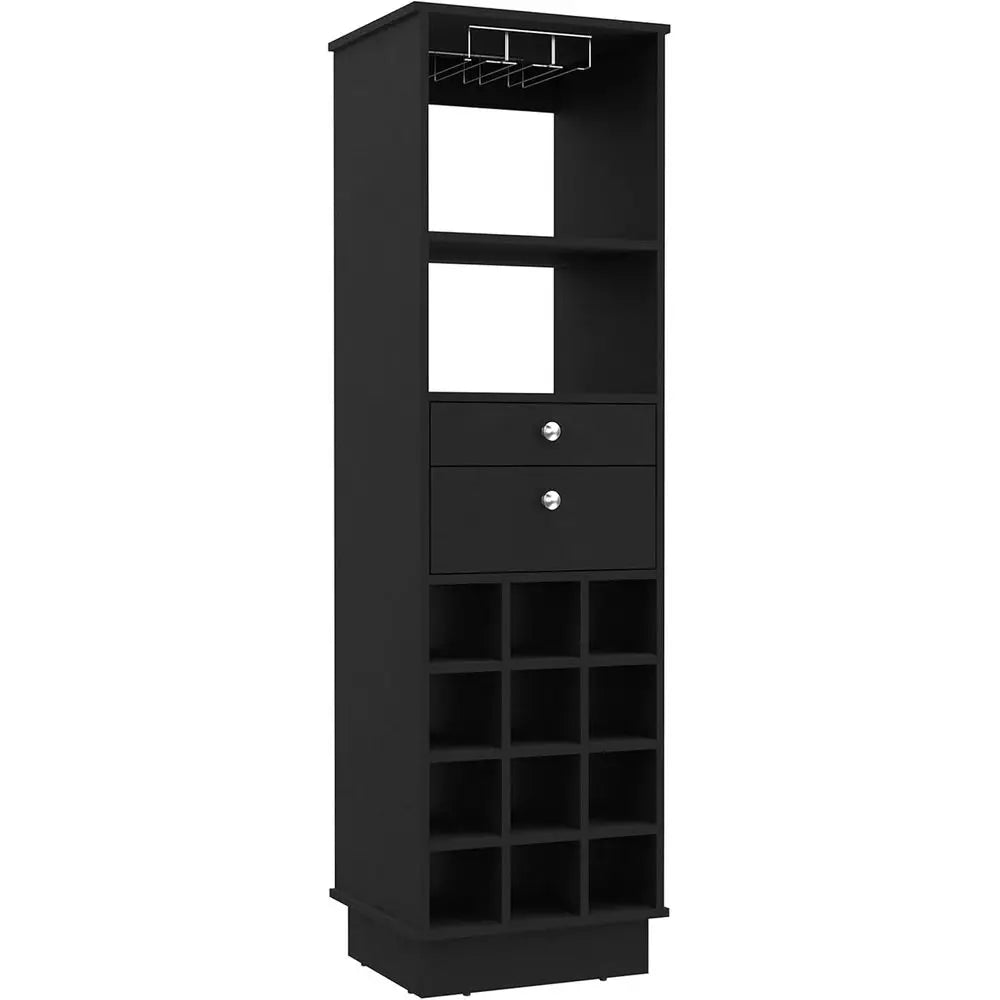 Contemporary Wine and Bar Cabinet with 12 Bottle Holders, 2 Drawers, Glass Rack, and Shelves, Black