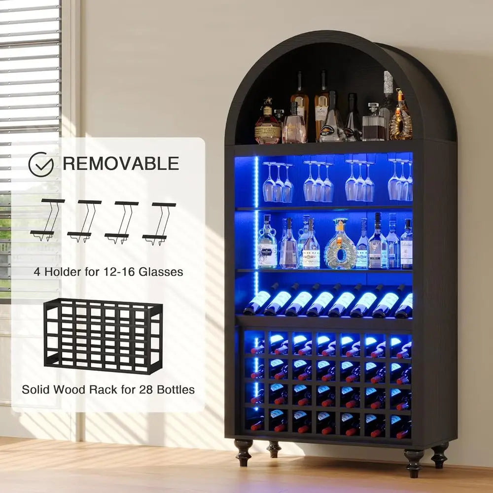 LED-Illuminated 71 Tall Wine & Liquor Cabinet with Glass Holders and Rack for Living Room, Kitchen, or Dining Area (Black)