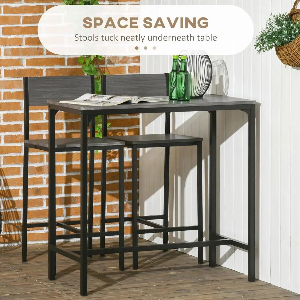 Gray Industrial 3-Piece Bar Table Set with Chairs, Compact Dining for Small Spaces