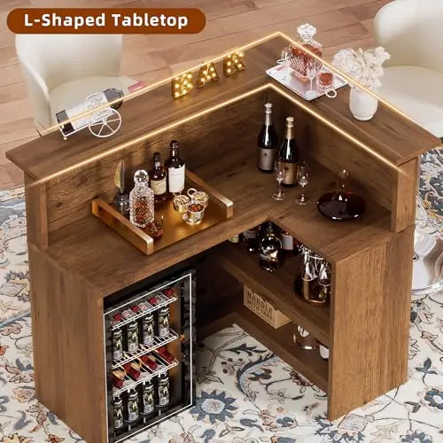 Wooden L-Shape Corner Bar Cabinet With 4-Tier Storage For Liquor And Wine, Home Pub Beverage Station