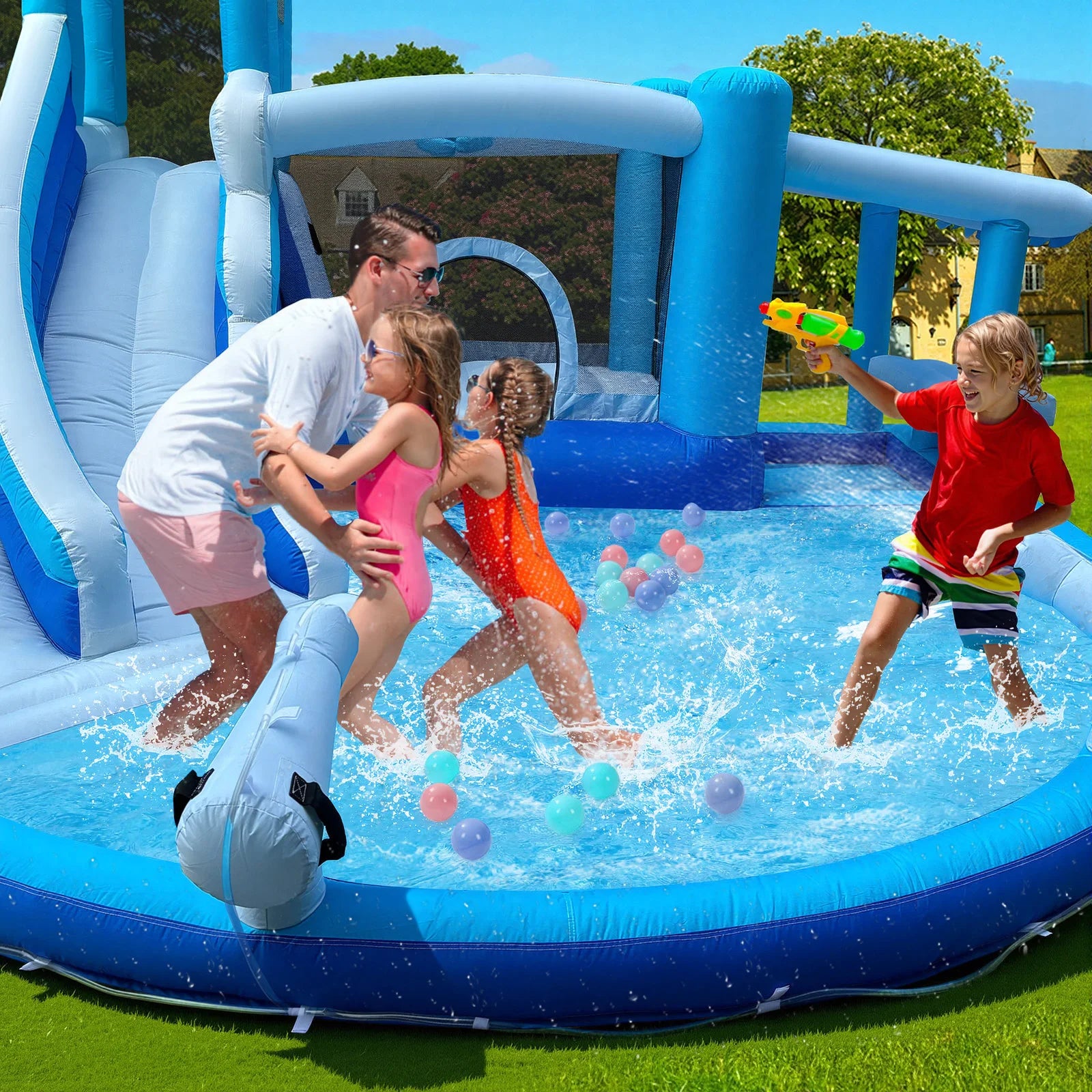 Blue And White Dual Slide Water Slide Combo 3-in-1 Fun with Slide Pool Water Gun And Play Area for Endless Summer Exciting