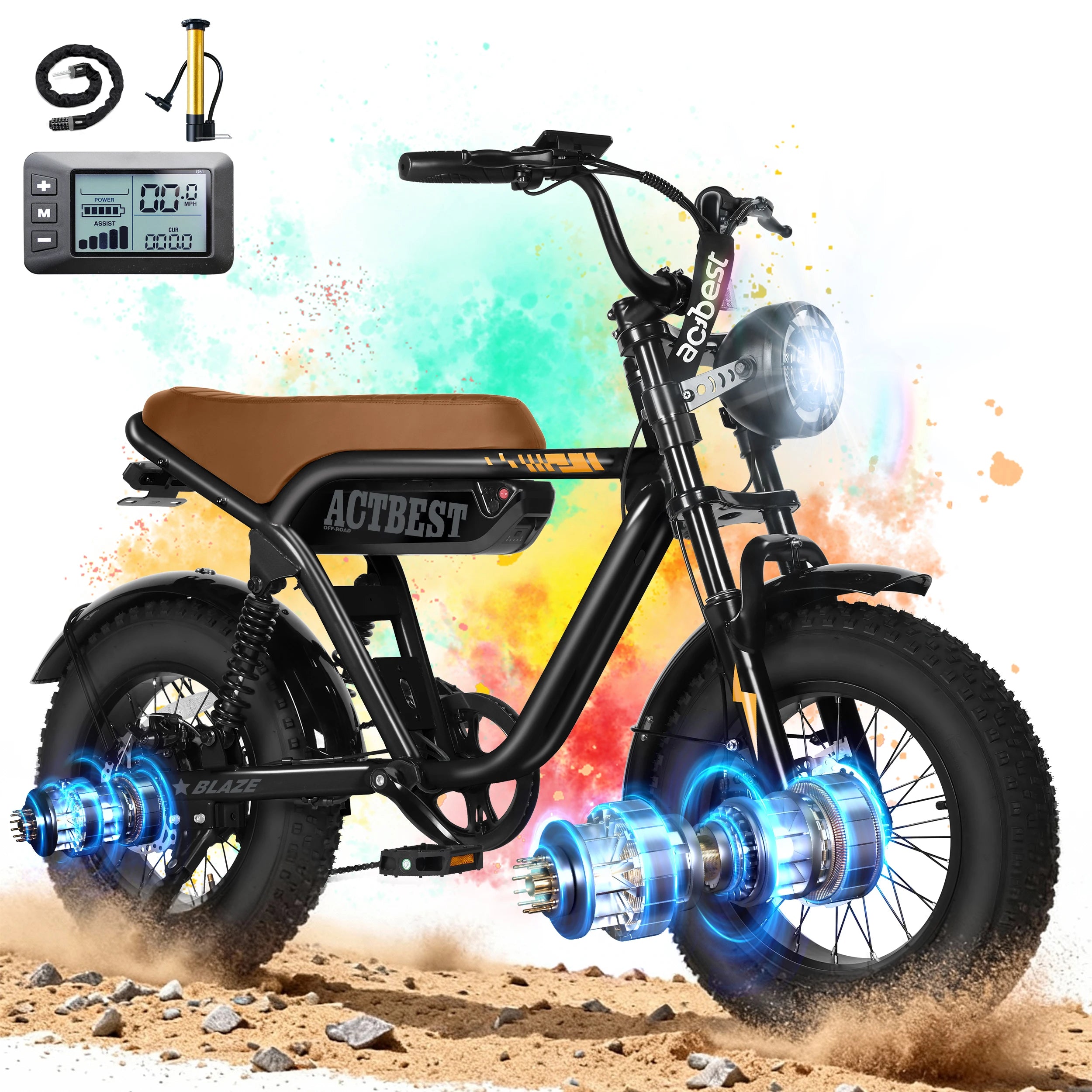 ActBest Blaze Electric BiNke, 16" Fat Tires Electric Mountain Bike, 1200W Peak Motor 48V 10.4Ah, 25 MPH 55Mi Range Off-Road Ebike with Full Suspension, with Free Bike Lock