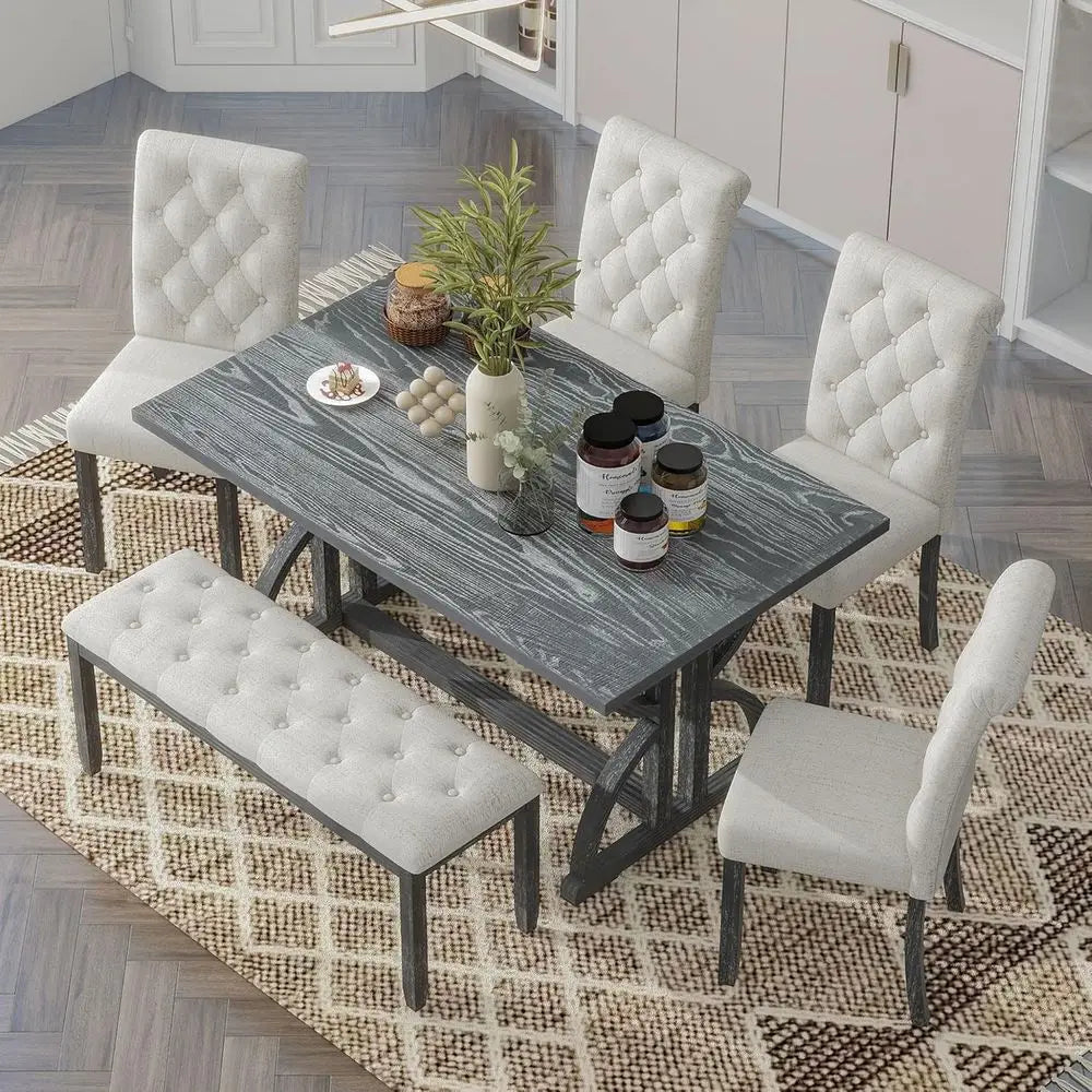 6-Piece Gray Wash & Beige Dining Set: Rectangular Table, 4 Upholstered Chairs, 1 Bench