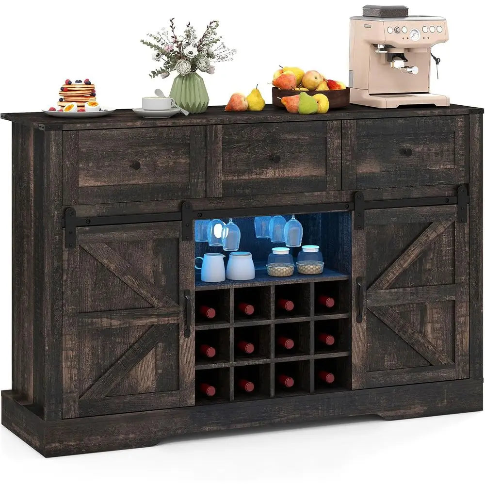 52 LED-lit Wine Bar Cabinet with Sliding Barn Door, 3 Drawers, Adjustable Shelves, 12-Bottle Rack & Glass Holder for Living Room