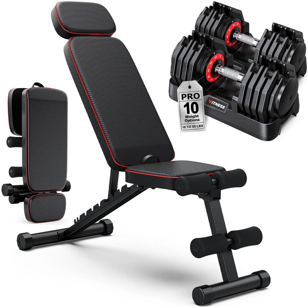 Adjustable Hand Dumbbells Pair with Workout Bench 10lb  Weight Set Portable Fitness Equipment for Home Gym Compact Design for Apartment Small Space Fit for Men and Women