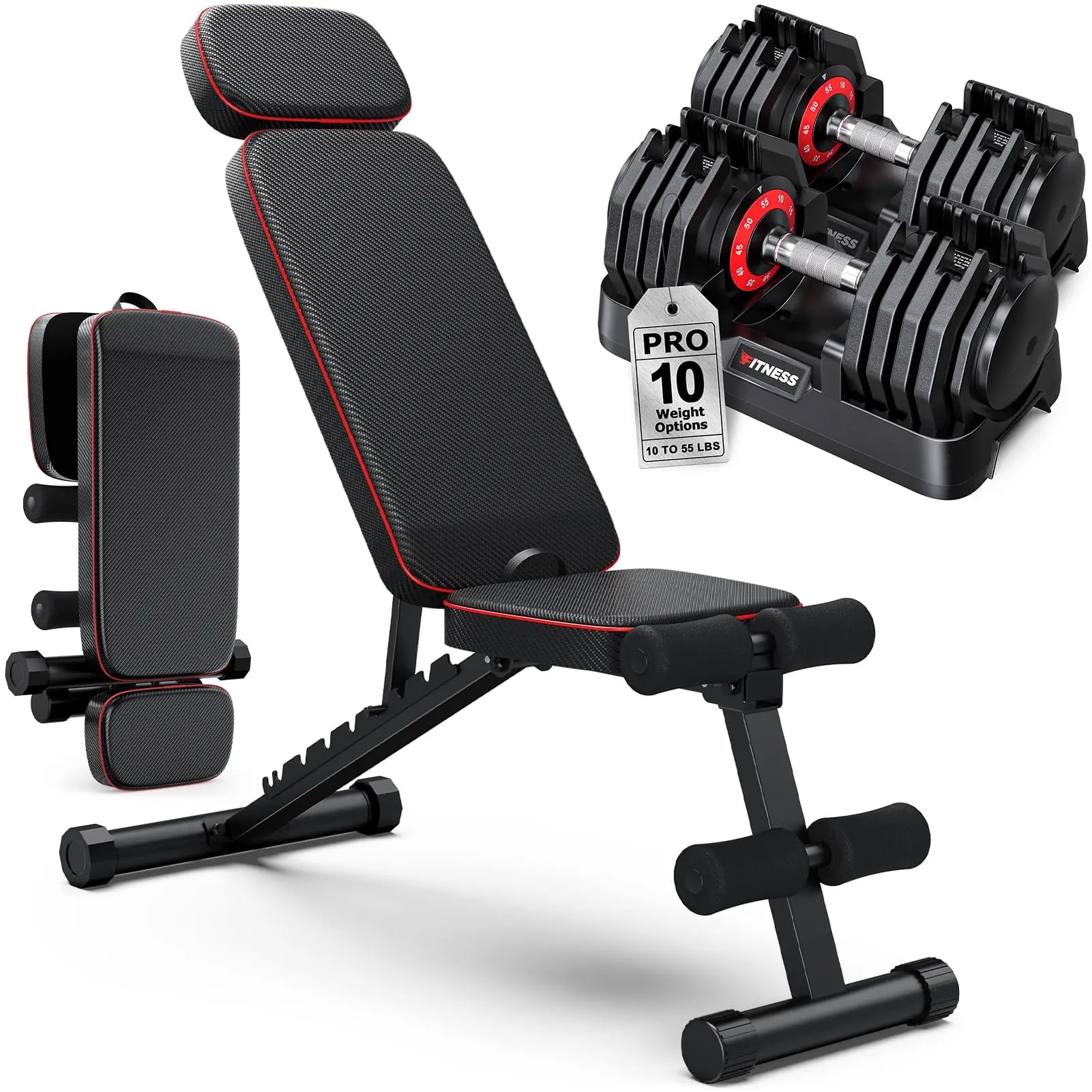 Adjustable Hand Dumbbells Pair with Workout Bench 10lb  Weight Set Portable Fitness Equipment for Home Gym Compact Design for Apartment Small Space Fit for Men and Women