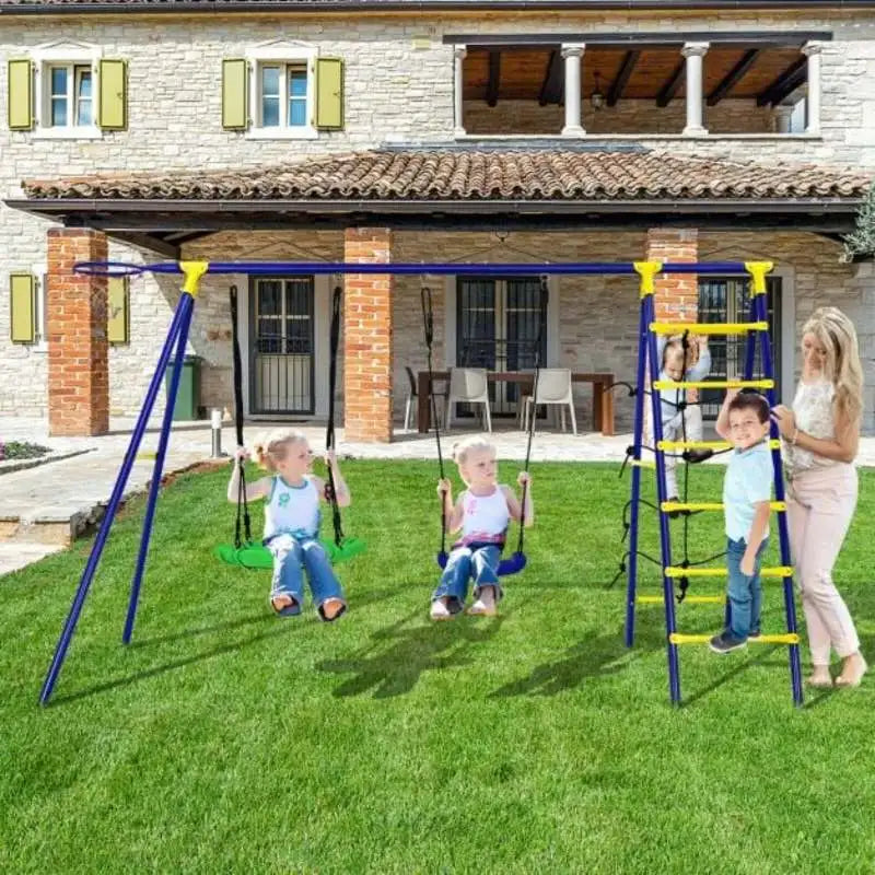 5-In-1 Outdoor Kids Swing Set with A-Shaped Metal Frame and Ground Stake