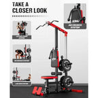 Home gym LAT pulldown machine, steel frame, black, 3-in-1 cable station with AB crunch and row attachments