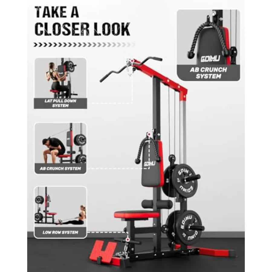 Home gym LAT pulldown machine, steel frame, black, 3-in-1 cable station with AB crunch and row attachments