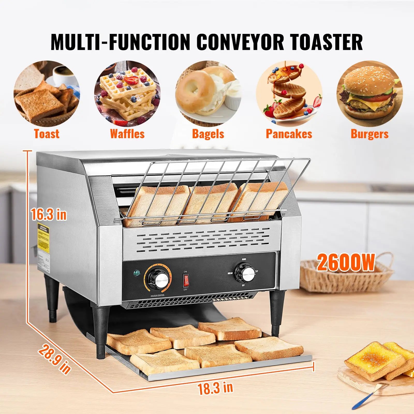 Commercial Conveyor Toaster, 450 Slices/Hour Conveyor Belt Toaster, Heavy Duty Stainless Steel Commercial Toaster Oven, Electric Restaurant Commercial Toaster for Toast Bun, Bagel, Bread