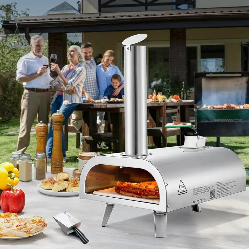 Dual Fuel Pizza Oven Outdoor, 12 Inch Wood Fire & Propane Gas Pizza Oven, Pellet & Propane Pizza-Maker with Thermometer, Stainless Steel Pizza-Cook for Outside Camping & Backyard