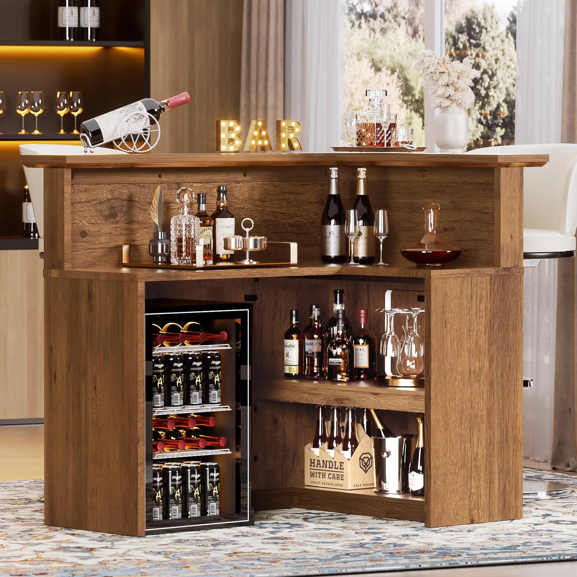 Wooden L-Shape Corner Bar Cabinet With 4-Tier Storage For Liquor And Wine, Home Pub Beverage Station
