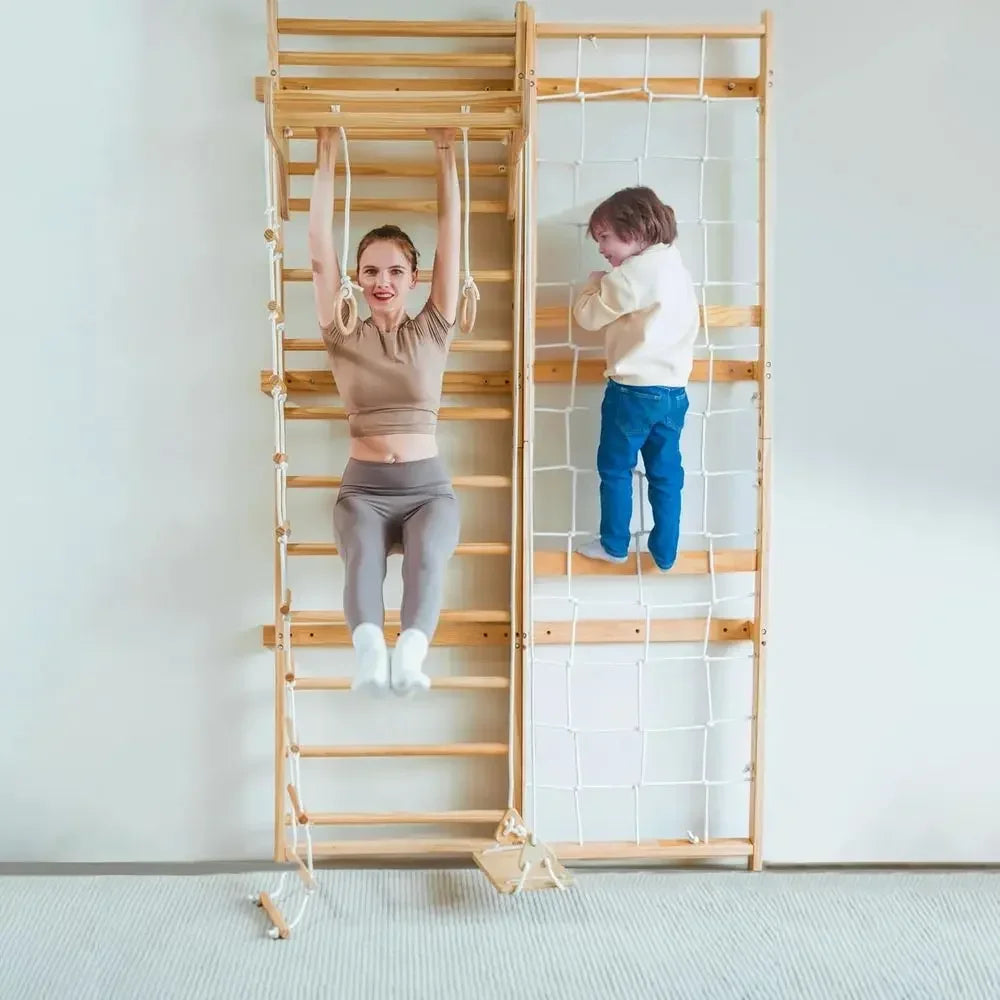 All-in-One Ladder Wall Gym with Cargo Climber, Swing, Rope Ladder, Pull-Up Bar, and Slide - Suitable for Adults and Kids (79)