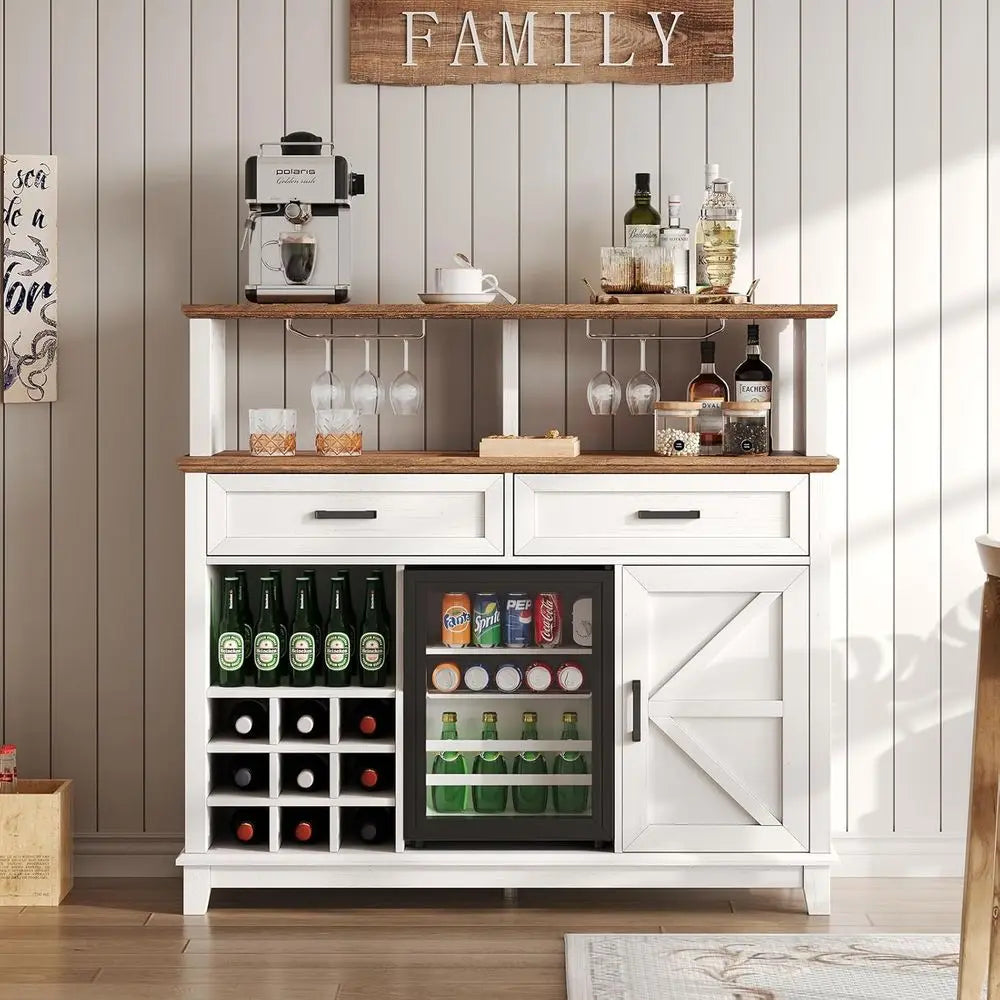 47" armhouse Coee Bar Cabinet with 15" Rerigerator & Wine Rack & Glass Holder, Wine Cabinet with Storage Ders & Open Shelves, Si