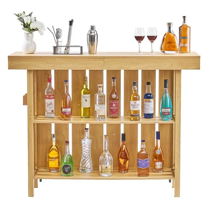 Home Bar Unit, Wine Bar Cabinet Table 3-Tier with Storage Shelves, Opener Storage Box & Adjustable Foot Pads, Black Footrest, Wood & Metal Liquor Cabinet for Home, Basement, Kitchen, Living Room
