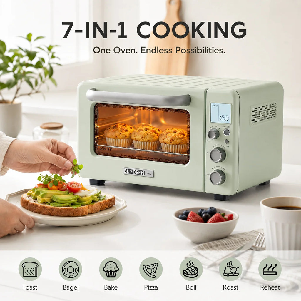 BUYDEEM T103 12QT Countertop Toaster Oven, Retro Mini Oven with 7 Cooking Modes, No Preheat Carbon Fiber Heating, LCD Temperature Control, Bake Broil Toast Bagel Pizza Reheat, Grill Rack Baking Tray