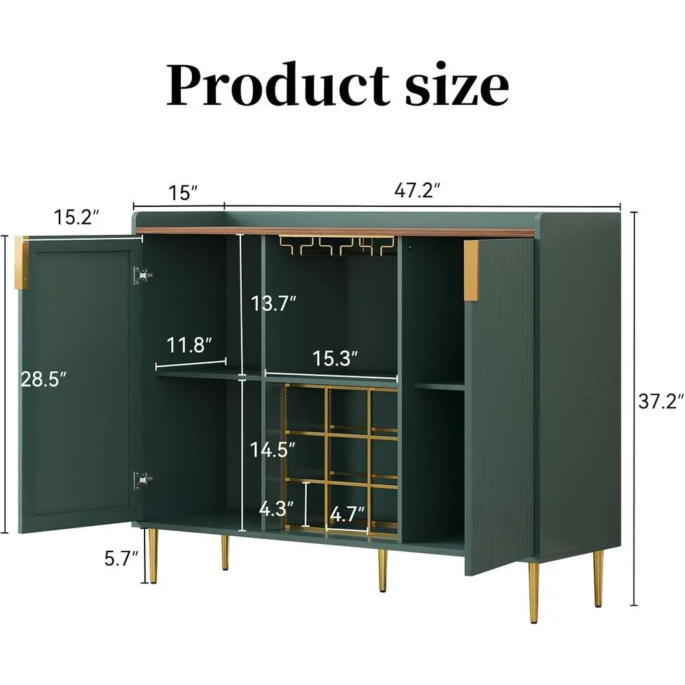 48-inch Wine Bar Cabinet with Textured Finish, Sideboard with Wine Rack and Glass Holder for Kitchen or Living Room, Green