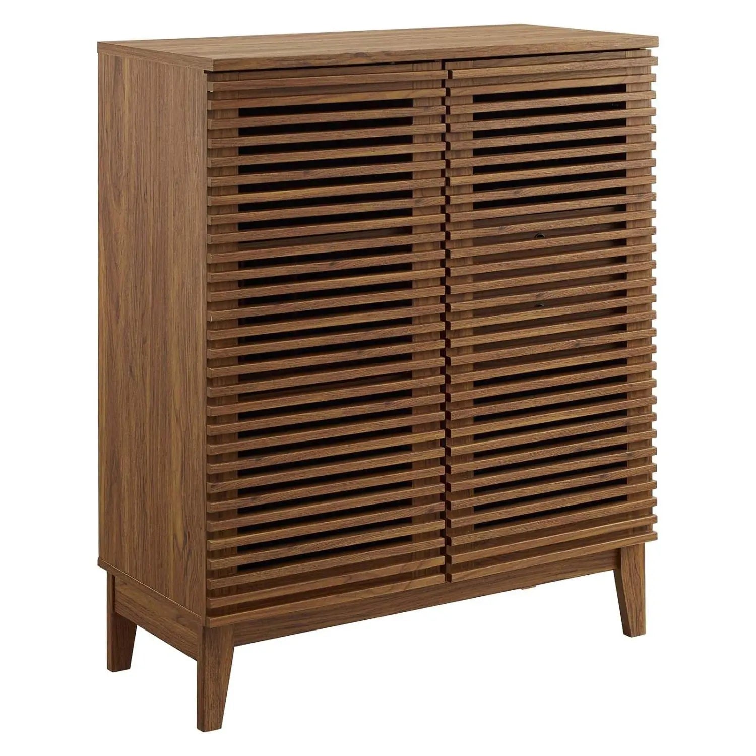 Walnut Mid-Century Bar Cabinet With Slatted Doors, Wine Rack And Dual Drawers For Home Storage
