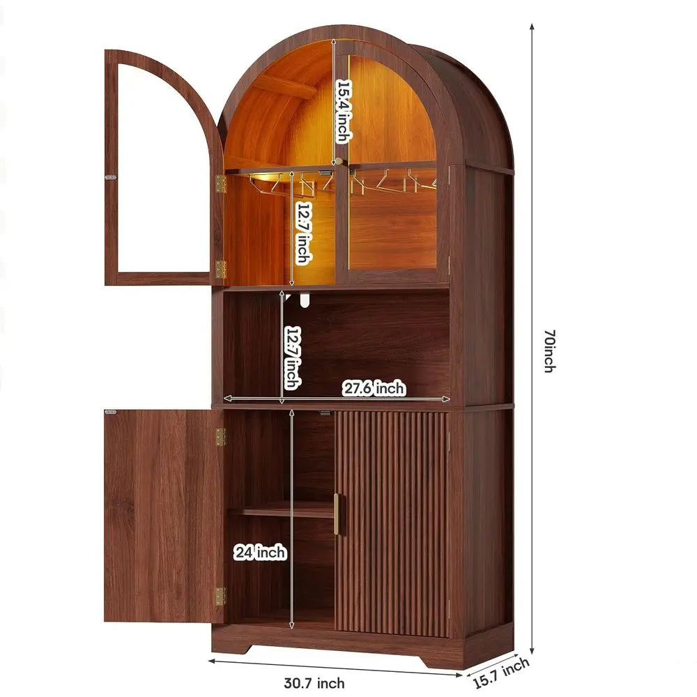70 Walnut Arched Wine Bar Cabinet with LED Lighting, Stemware Rack, and Glass Door for Kitchen or Dining Area