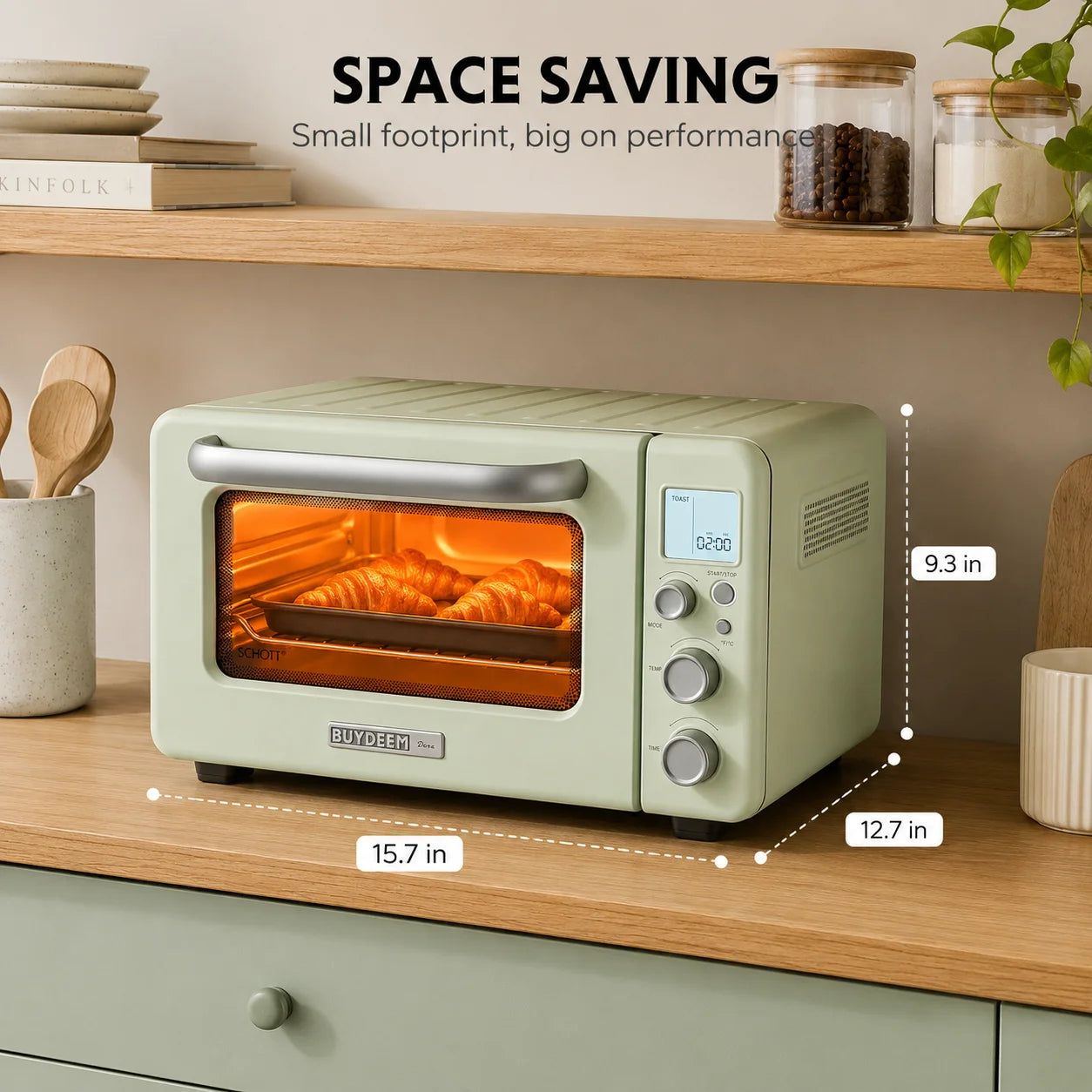 BUYDEEM T103 12QT Countertop Toaster Oven, Retro Mini Oven with 7 Cooking Modes, No Preheat Carbon Fiber Heating, LCD Temperature Control, Bake Broil Toast Bagel Pizza Reheat, Grill Rack Baking Tray