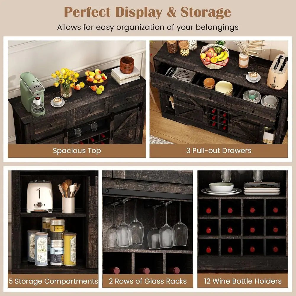 52 LED-lit Wine Bar Cabinet with Sliding Barn Door, 3 Drawers, Adjustable Shelves, 12-Bottle Rack & Glass Holder for Living Room