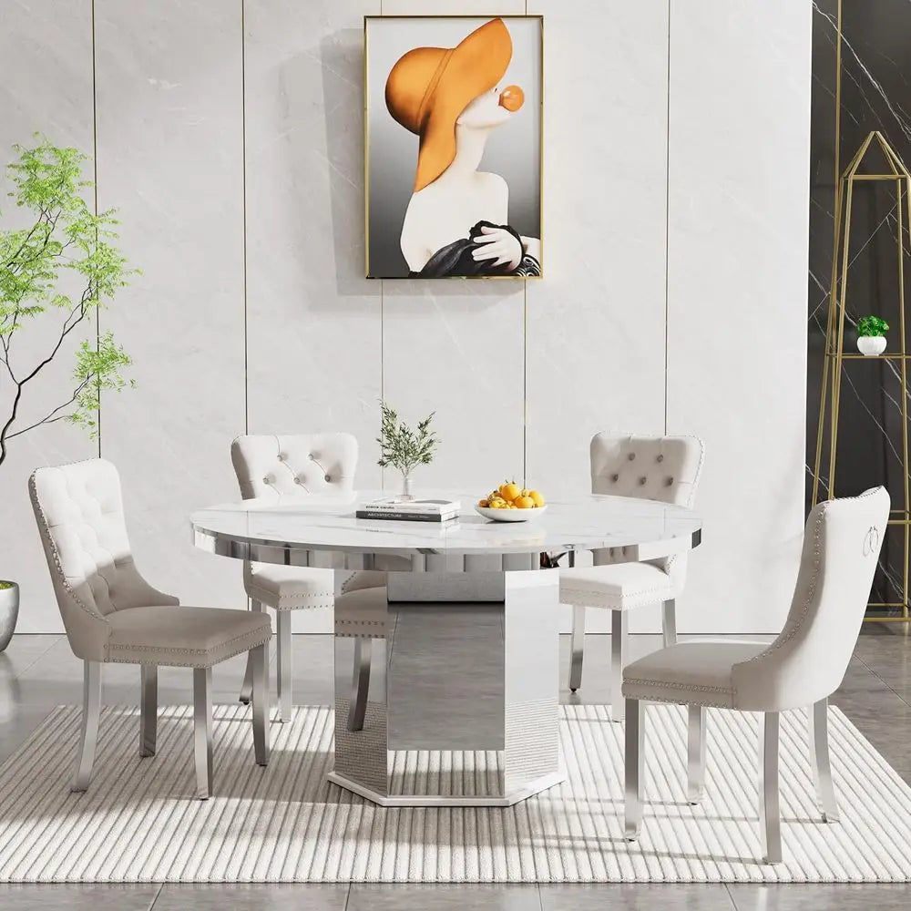 Round Expanding Marble Dining Table Set with Velvet Chairs