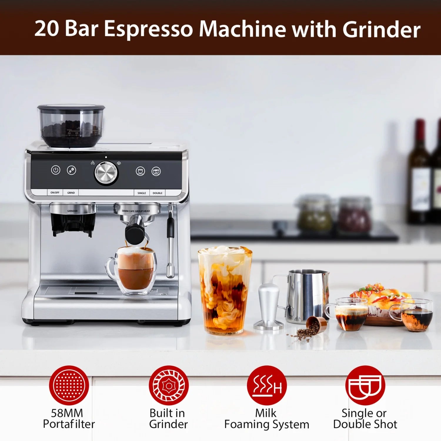 20 Bar Semi Automatic Espresso Machine, Professional Coffee Machine with Built-in Grinder & Milk Frother – 2.8L Removable Water Tank – Coffee Maker for Home, Latte, Cappuccino