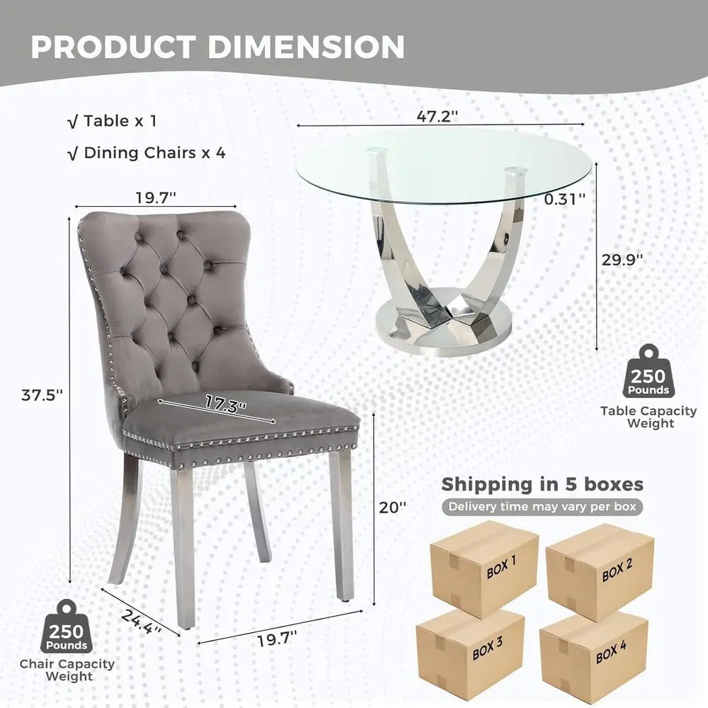 47.2 Inch Silver Round Dining Table with 4 Velvet Chairs - Modern 5-Piece Set