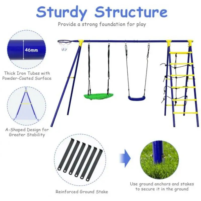 5-In-1 Outdoor Kids Swing Set with A-Shaped Metal Frame and Ground Stake