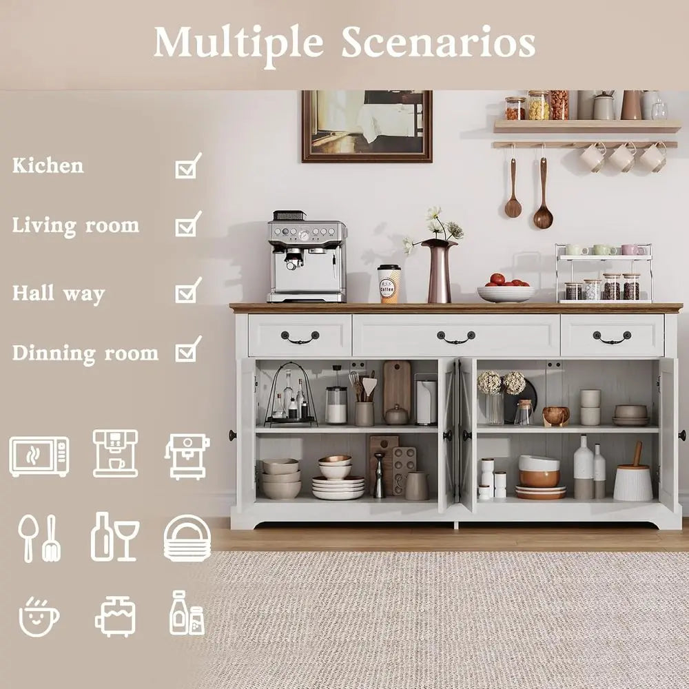 Large 65 Storage Cabinet with 3 Drawers and 4 Doors, White Kitchen Sideboard or Living Room Coffee Bar Wine Cabinet