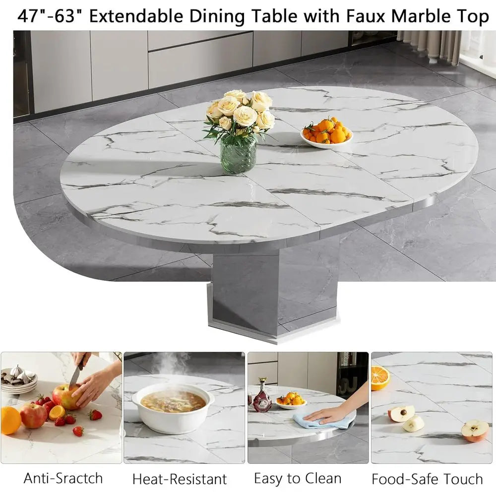 Round Expanding Marble Dining Table Set with Velvet Chairs