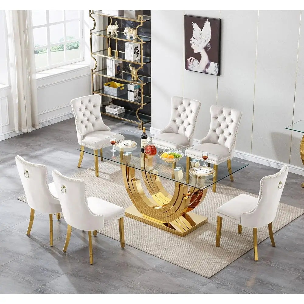 7-Piece Elegant Glass Dining Set with 70 Table and 6 Beige Chairs