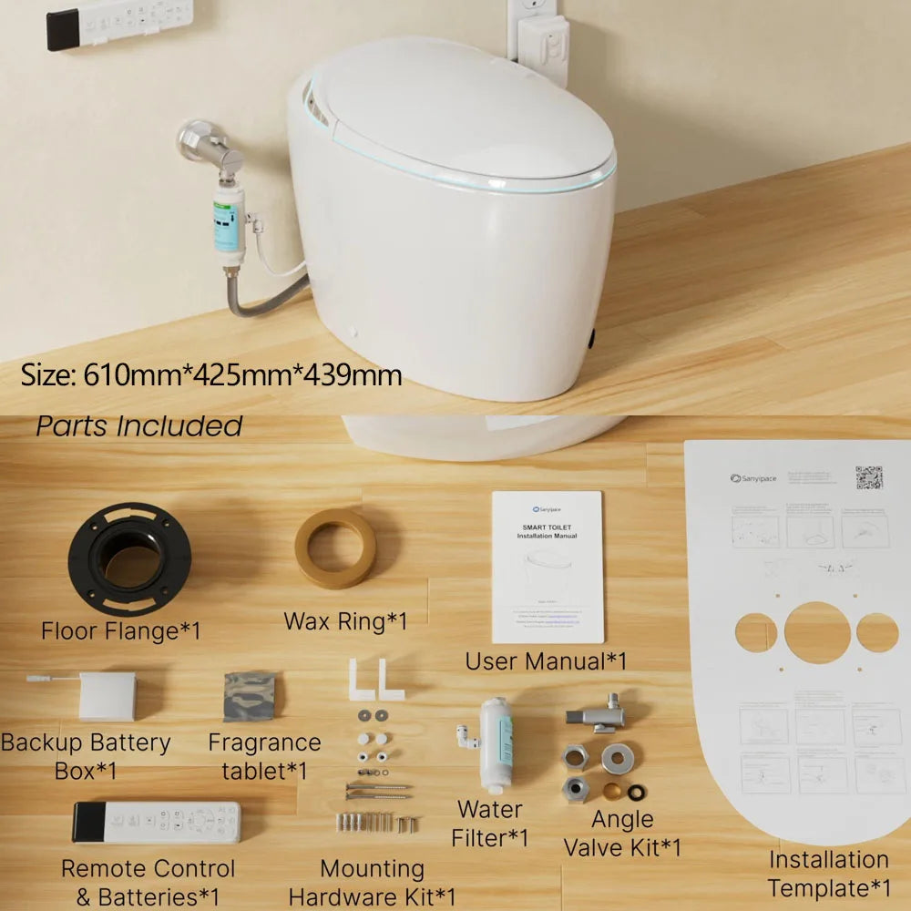 Sanyipace Smart Toilet Seat and Bidet with Smart Control 1000g MaP Powerful Flush Intelligent Toilet One Touch Flush Warm Water Feminine Rear Oscillating Wash Auto Nozzle Cleaning Toilet