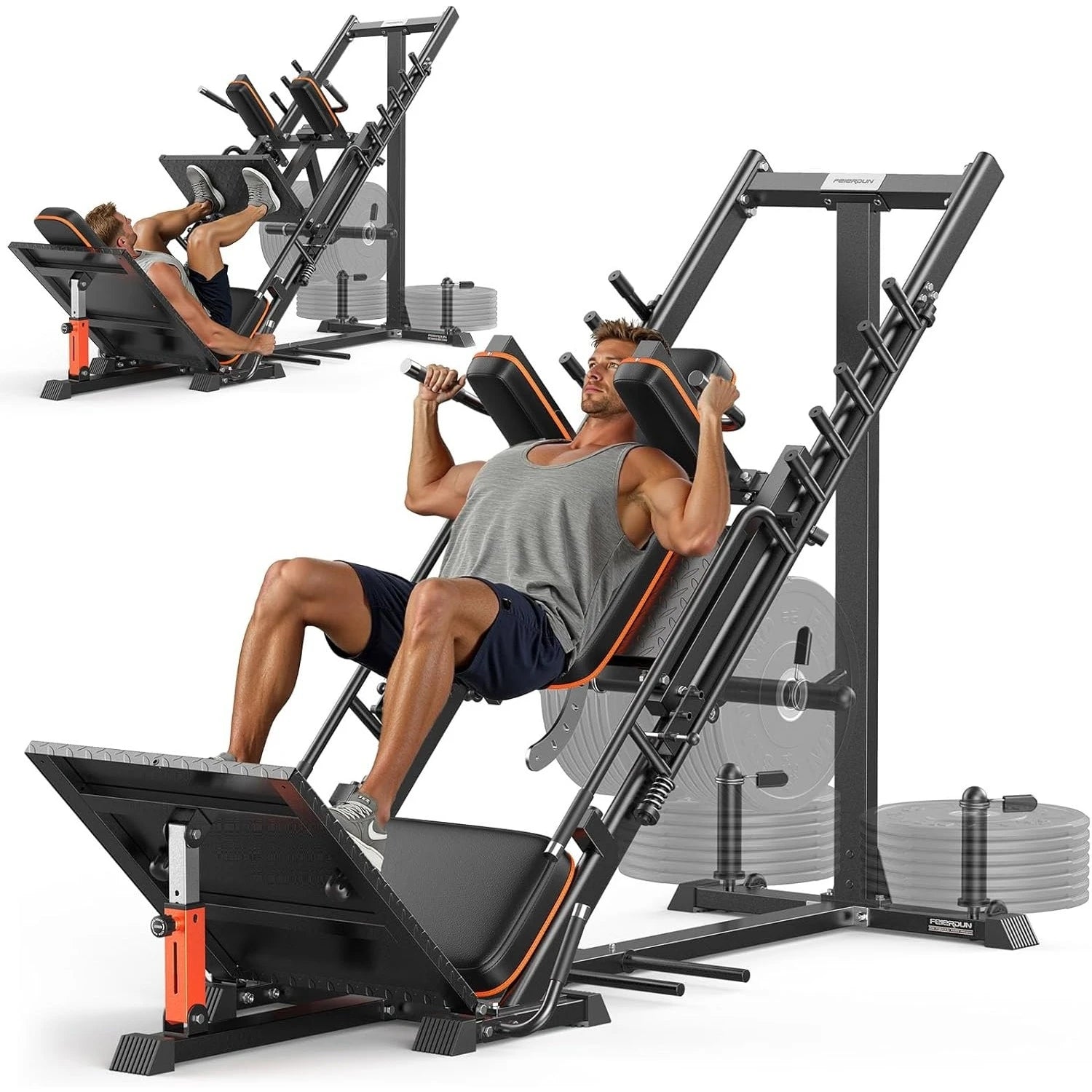 FEIERDUN 3‑in‑1 Leg Press Hack Squat Machine with Ultra-Quiet Pulley System –Adjustable Leg Press Machine for Home Gym