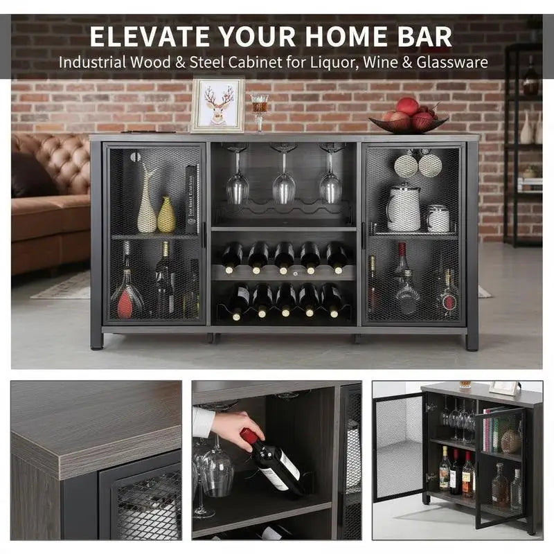 Industrial Drinks Credenza 47 Inch For Kitchen Home Bar Living Room, Sideboard Buffet Wine Rack Farmhouse Wood Furniture Storage Cabinet