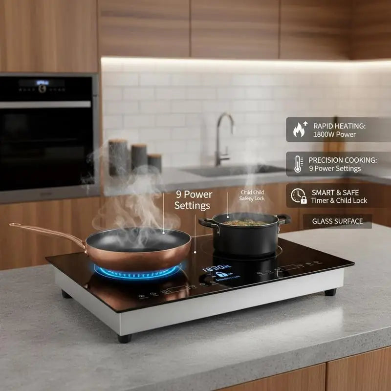 Double Induction Hob 24 Inch For Kitchen Countertop Apartment RV 1800W Dual Burner Touch Control Stove Built-in Cooktop 9 Power Levels Child Lock Timer Glass Surface