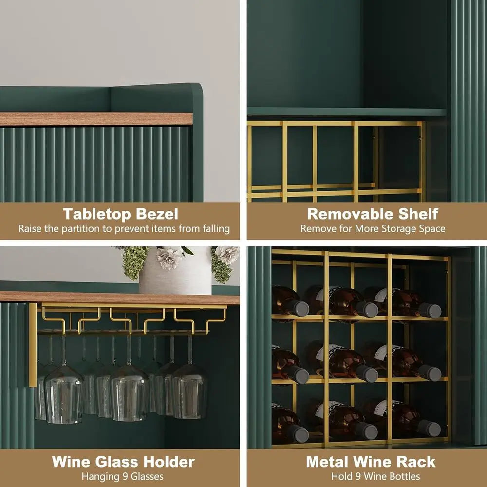 48-inch Wine Bar Cabinet with Textured Finish, Sideboard with Wine Rack and Glass Holder for Kitchen or Living Room, Green