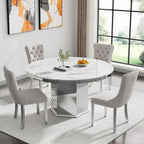 Round Expanding Marble Dining Table Set with Velvet Chairs