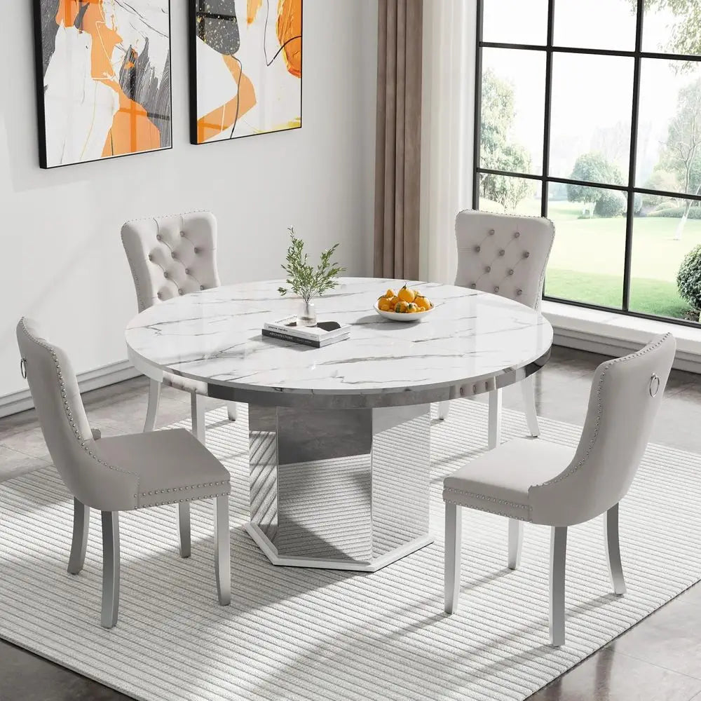 Round Expanding Marble Dining Table Set with Velvet Chairs