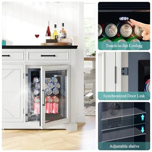 White 60-Inch Farmhouse Beverage Station Cabinet With Built-In Cooler, Three Drawers, And Glass-Front Wine Storage For Kitchen