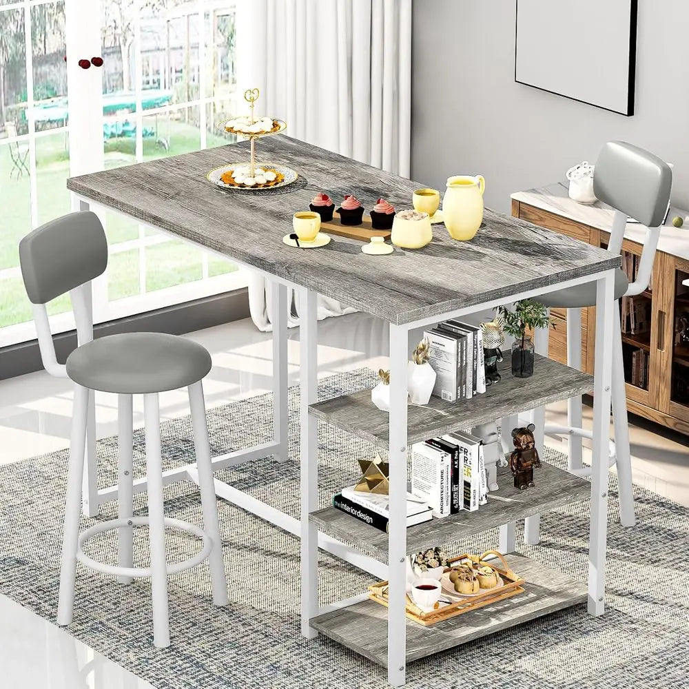Grey 2-Piece Counter Height Table Set with Storage and Stools for Kitchen or Dining Area