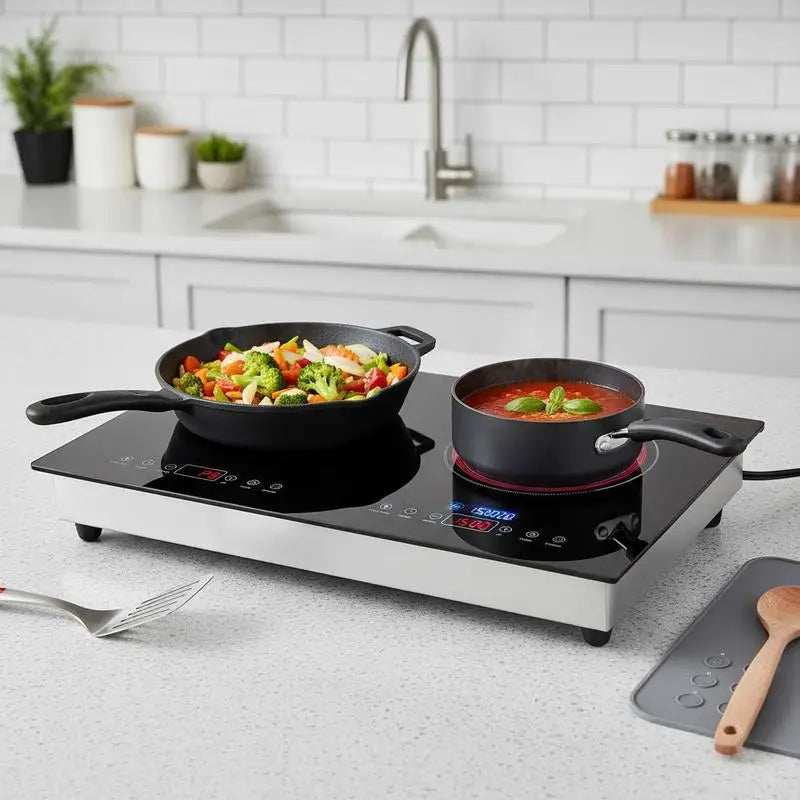 Double Induction Hob 24 Inch For Kitchen Countertop Apartment RV 1800W Dual Burner Touch Control Stove Built-in Cooktop 9 Power Levels Child Lock Timer Glass Surface